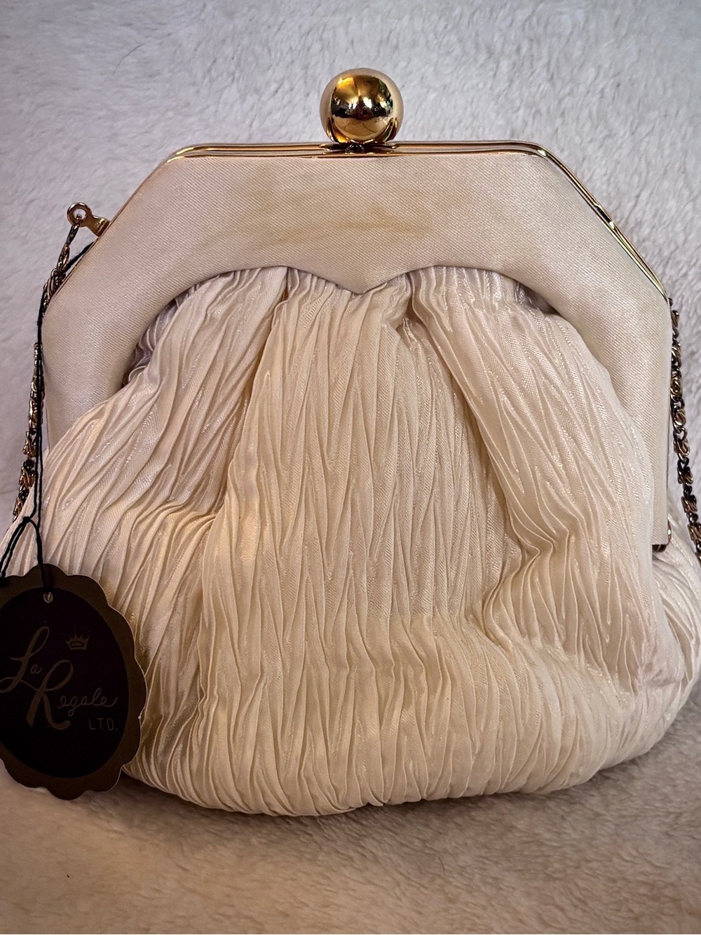 La Regale Ltd Ivory Satin Ruched Evening Bag Gold Chain Clutch Purse NWT Bridal